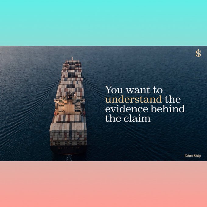 An aerial view of a large container ship sailing across the ocean with overlaid text reading 'You want to understand the evidence behind the claim' and a dollar sign icon, credited to Ethra Ship.