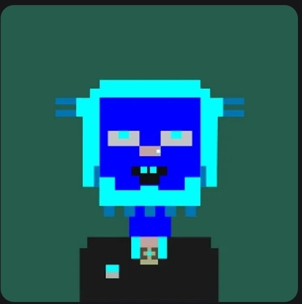 A pixel art character with a blue face, glowing cyan eyes, and cyan hair accents wears a dark suit and tie, set against a dark green background.