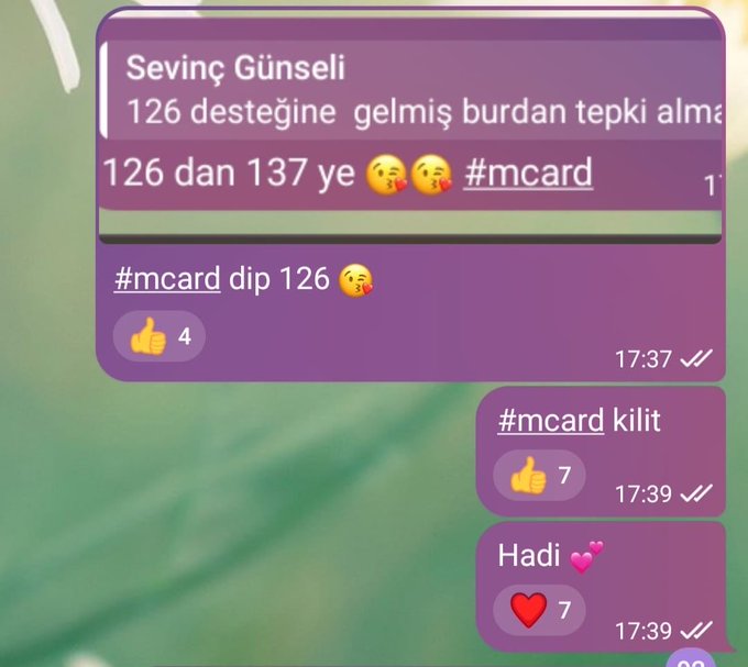 A Turkish Telegram chat showing messages about "#mcard" stock, with one user (Sevinç Günseli) joking about "126 desteğine gelmiş burdan tepki alma" and the predicted 126 to 137 move occurring, followed by replies celebrating with "#mcard dip 126" and "#mcard kilit," which directly relates to the post's triumphant announcement of "#mcard tavan" (price ceiling).