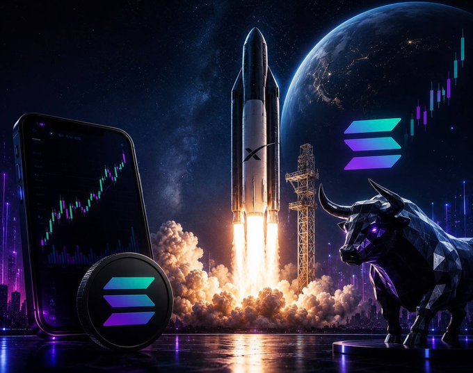 The image features a rocket launch with a bull standing nearby, surrounded by various elements related to cryptocurrency and space exploration. A smartphone can be seen close to the rocket, while a coin is also present in the scene. The backdrop of the image includes a planet and stars, creating an atmosphere reminiscent of outer space. The caption provided connects this scene to the ongoing development of tokenized pre-IPO shares on Solana platforms, which are gaining popularity among investors who want to gain exposure before a public listing for companies like SpaceX.