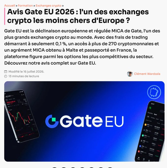 This image displays an article titled "Gate EU 2026: One of Europe's Cheapest Crypto Exchanges?" featuring the Gate EU logo, which aligns with the post discussing Gate Europe's third-place ranking in a European exchange list. The article highlights Gate EU's MiCA regulation and competitive trading fees.