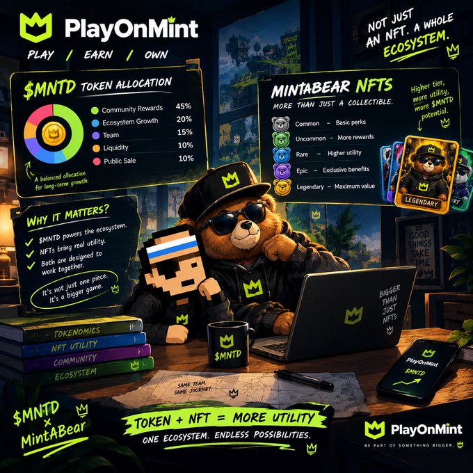 This image features promotional material for PlayOnMint, detailing the $MNTD Token Allocation (Community Rewards 45%, Ecosystem Growth 20%, Team 15%, Liquidity 10%, Public Sale 10%) and MintABear NFT tiers (Common, Uncommon, Rare, Epic, Legendary). The design includes a bear mascot character with a laptop, accompanied by various slogans such as "NOT JUST AN NFT. A WHOLE ECOSYSTEM" and "TOKEN + NFT = MORE UTILITY!"