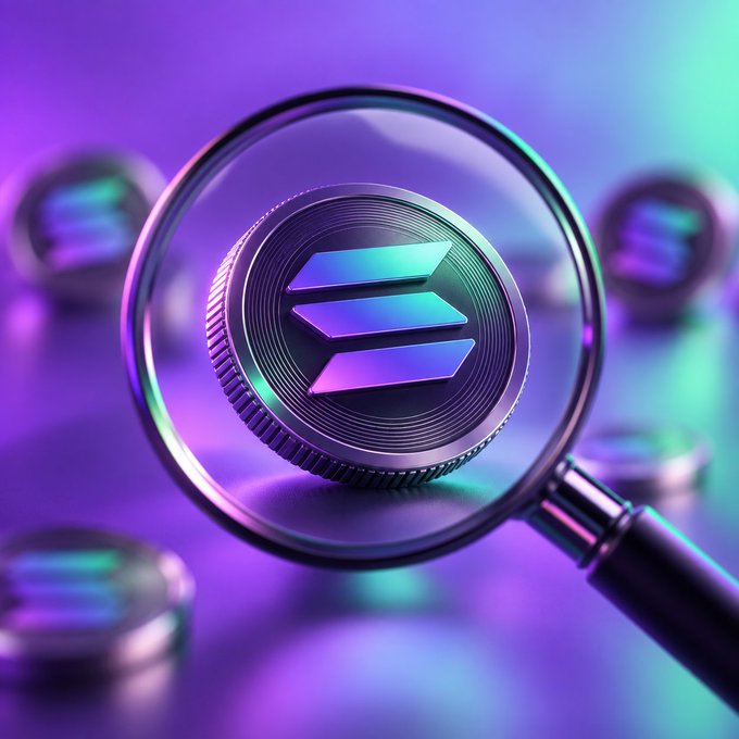 A 3D render of a metallic Solana (SOL) cryptocurrency coin being viewed through a magnifying glass, with other coins blurred in the purple and teal background.