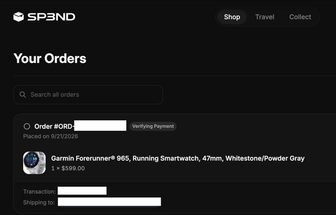 A SP3ND order page displays a Garmin Forerunner 965 smartwatch order priced at $599.00 placed on 9/21/2026, currently in "Verifying Payment" status.