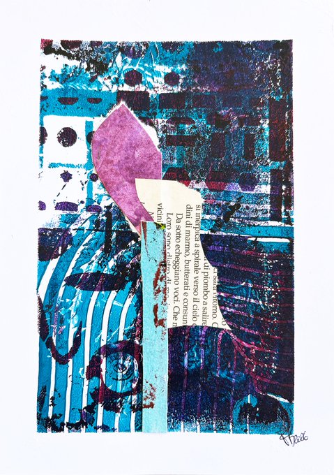 An abstract collage artwork featuring layered blue and purple textures, a purple leaf shape, a torn piece of printed text (with visible Italian/Latin words like 'vchiel', 'din', 'Iano'), and is signed in the bottom right corner.