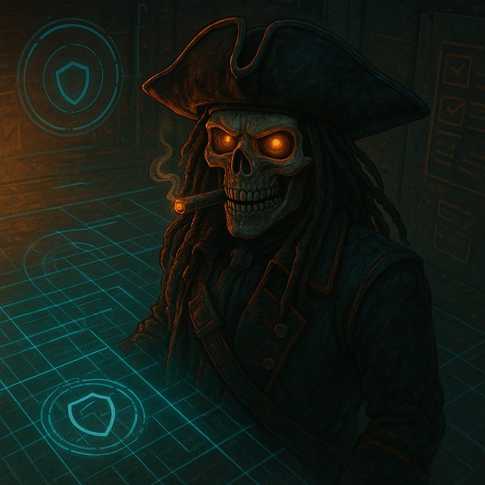 A stylized digital illustration of a skeletal pirate with glowing orange eyes, dreadlocks, a tricorn hat, and a lit cigar.