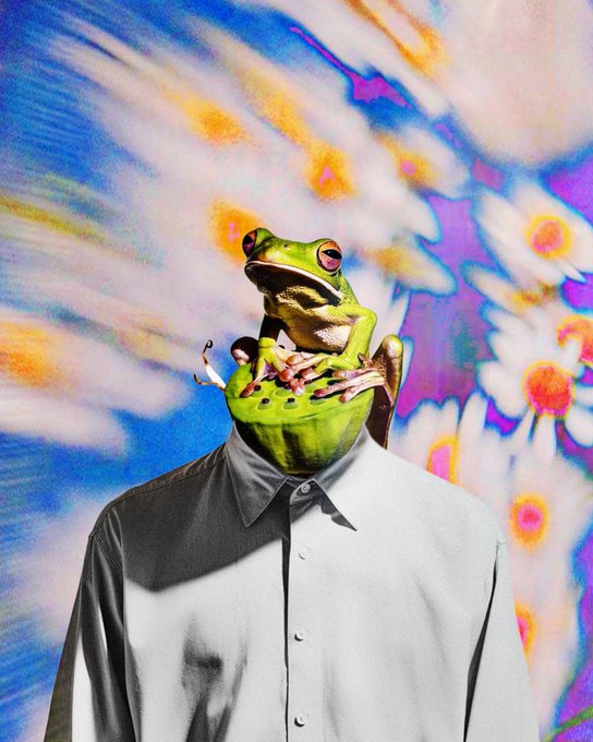 A surreal art piece featuring a green tree frog where a human head would be, sitting atop a body wearing a gray button-up shirt against a colorful, psychedelic floral background.