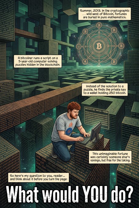 A comic illustration depicting a scene from summer 2013 where a bitcoiner runs a script on an old computer and accidentally discovers a private key to a wallet holding 250 bitcoin, ending with the question 'What would YOU do?'
