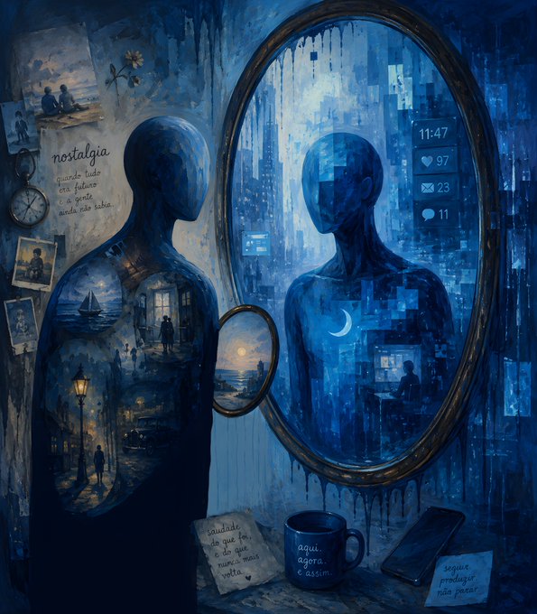 A blue-toned surrealist painting featuring two faceless figures, one holding a small mirror and the other reflected in a larger mirror showing a pixelated cityscape, with the word 'nostalgia' written on the left and a social media-style notification overlay showing 11:47, 97 hearts, 23 messages, and 11 comments.