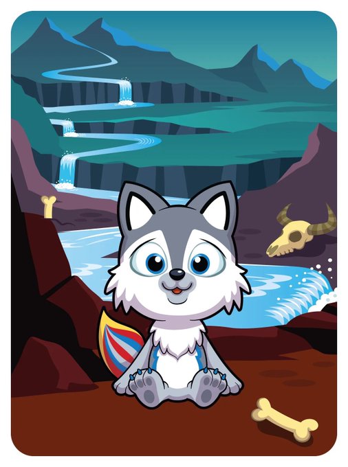 A cartoon illustration of an adorable gray and white husky puppy sitting with big blue eyes, set against a fantasy landscape with waterfalls, mountains, and a skull, with bones scattered nearby.