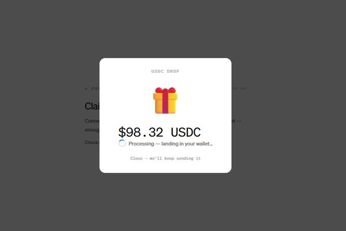 A USDC DROP notification screen displays a $98.32 USDC transfer processing, with text stating 'landing in your wallet...'