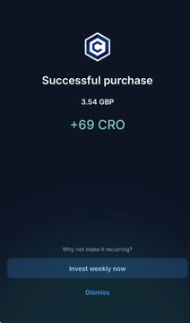 A mobile screen showing a 'Successful purchase' confirmation for 3.54 GBP, receiving +69 CRO.