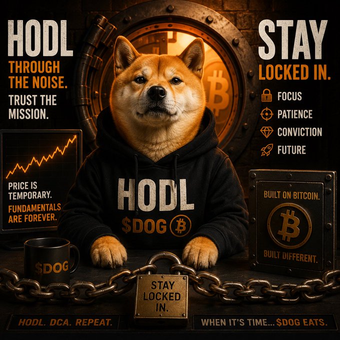 The image features a Shiba Inu dog wearing a black hoodie with the words "Hodl" written across the front, sitting at a desk next to several items related to Bitcoin. A chained lock can be seen nearby. The background is dark and includes text that says "HODL Stay locked in. Not everything important happens on the chart. Things are happening beneath the surface. I HODL I DCA Patience". In this post, the main focus seems to be Bitcoin and its potential for value appreciation over time. The dog's presence adds a unique visual element to the scene.