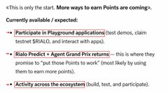 The image is a slide titled "More ways to earn Points are coming," outlining upcoming participation opportunities including $RIAI/O Playground applications, Bialo Predict + Agent Grand Prix returing, and ecosystem activities. It relates to the post "TEST>MAIN $RIALO" by announcing the platform's expansion from test to mainnet with new ways to earn.
