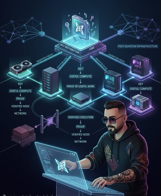 A digital illustration depicts a man with sunglasses working on a holographic laptop, connected to a 'POST-QUANTUM INFRASTRUCTURE' network with labels like 'KEY USEFUL COMPUTE' and 'VERIFIED NODE NETWORK'.