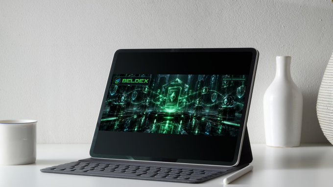 A tablet displaying a green and black 'BELDEX' digital interface sits on a desk next to a white vase and smart speaker.