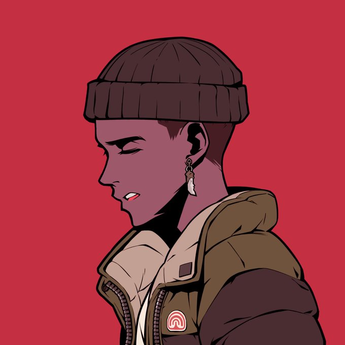 A digital illustration of a person in profile with closed eyes, wearing a dark ribbed beanie, a brown puffer jacket over a hoodie, and a crescent moon-shaped earring, set against a solid red background.