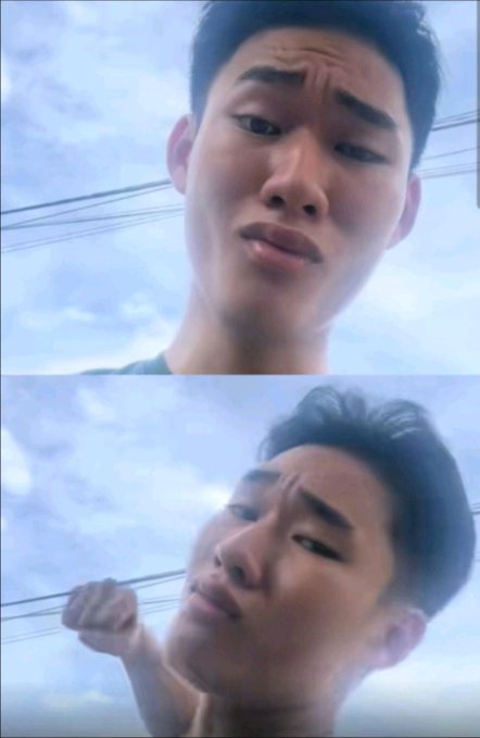 A meme featuring two panels of a distressed-looking young man looking up at a cloudy sky, with the second panel showing him appearing to tear up. The image humorously captures the despair of someone watching continuous market declines, perfectly matching the post about a friend who keeps advising to "buy the dip" as prices keep falling.