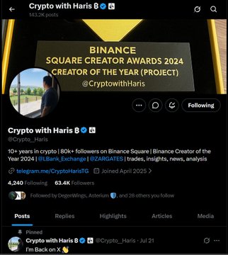 The image shows a Twitter/X profile page for "Crypto with Haris" (@Crypto_Haris), a Binance Square Creator Awards 2024 "Creator of the Year" winner with 143.2K posts, 80k+ followers, and 63.4K following. The pinned post displays a crypto contract address beginning with "TCEKXNWYwXVAp4mfULZBf6qPb78M7M8VshYMpUmiQTJ," matching the token address shared by the commenter thanking "Sir" for the referral or recommendation.