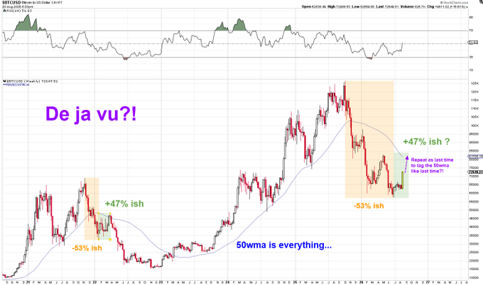A BTC/USD weekly chart highlighting a "Deja vu?!" pattern by comparing two similar price cycles, both showing ~-53% declines followed by ~47% rebounds, with annotations noting that 50wma support held and questioning whether history will repeat with BTC tagging new highs around $100k.