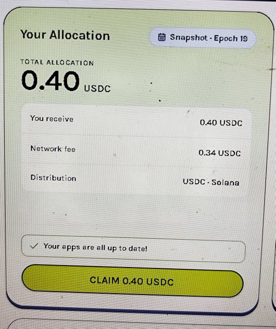A mobile app screen showing an allocation claim of 0.40 USDC with a 0.34 USDC network fee distributed via USDC-Solana, featuring a yellow 'CLAIM 0.40 USDC' button.