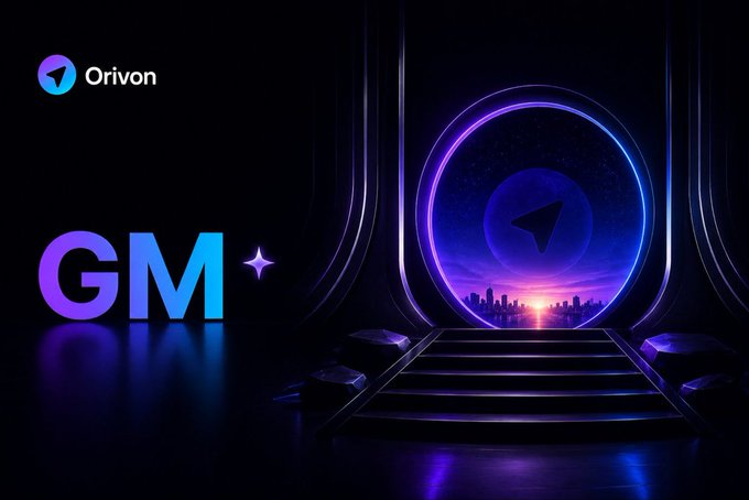Cryptocurrency 'GM' (Good Morning) graphic for Orivon, featuring purple and blue neon colors with a glowing portal showing a cityscape and the Orivon logo.