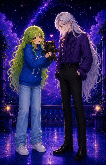 An anime illustration depicts a green-haired girl in a blue hoodie holding a black cat alongside a tall silver-haired figure in a purple ruffled shirt, set against a starry night sky with purple clouds.