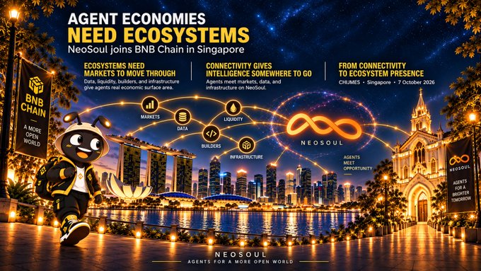 A promotional banner titled 'AGENT ECONOMIES NEED ECOSYSTEMS' announcing that NeoSoul joins BNB Chain in Singapore, featuring a mascot, the Singapore skyline, and text about markets, data, liquidity, builders, and infrastructure at CHI.MES on 7 October 2026.