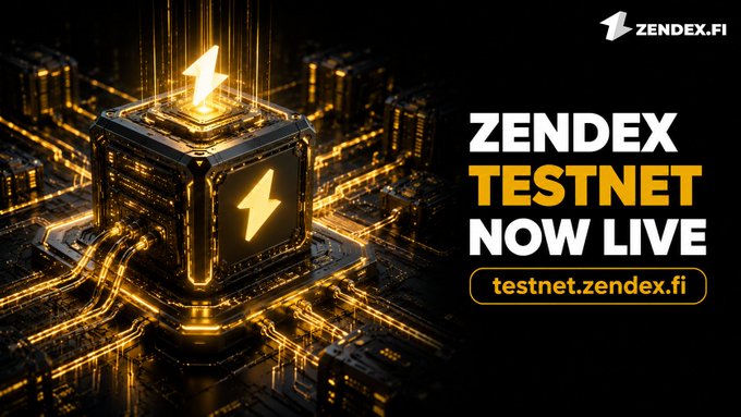 A promotional banner shows a glowing gold blockchain-style cube and circuit board beside the text “ZENDEX TESTNET NOW LIVE,” “testnet.zendex.fi,” and the ZENDEX.FI logo. It supports the announcement that the ZENDEX testnet is opening for private trading tested publicly.