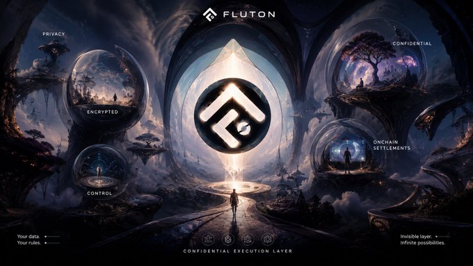 The image is a futuristic promotional graphic for "FLUTON," featuring a glowing logo at the center surrounded by floating glass orbs labeled "PRIVACY," "ENCRYPTED," "CONTROL," "CONFIDENTIAL," and "ONCHAIN SETTLEMENTS," with a lone figure walking toward the light and the tagline "CONFIDENTIAL EXECUTION LAYER" at the bottom.

It visually reinforces the post's message about data ownership and privacy in Web3 by symbolizing Fluton as a secure, all-encompassing "Confidential Execution Layer" where users regain control over their data.