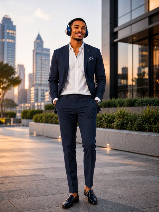 A man in a navy blue suit and white shirt wearing headphones walks confidently through a modern city plaza at golden hour.