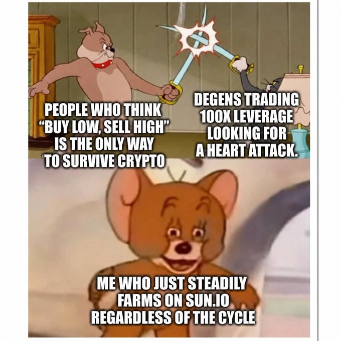 The image shows a cartoon mouse with a brown face, arms, and legs standing against a white background. In front of the mouse, there are two text boxes that read "People who think 'buy low, sell high' is the only way to survive a heart attack." The mouse appears to be looking at these text boxes while standing in front of them.

The post also includes a cartoon cat with a brown face and white paws holding a sword. Below this image, there are two more text boxes that read "I just want 8 hours of sleep and SUN.io yields."
