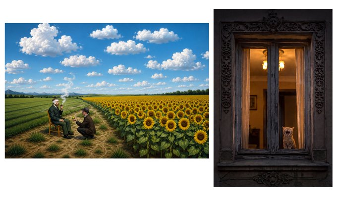 Two distinct digital artworks placed side-by-side: on the left, two men in suits converse in a vibrant sunflower field, and on the right, a cat peers out through an ornately carved wooden window.