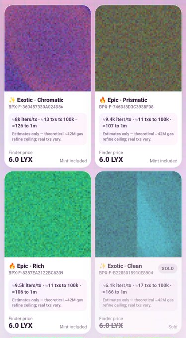 An NFT marketplace listing showing four pixel-art pieces (Exotic - Chromatic, Epic - Prismatic, Epic - Rich, Exotic - Clean) priced around 6.0 LYX, with the last marked SOLD.