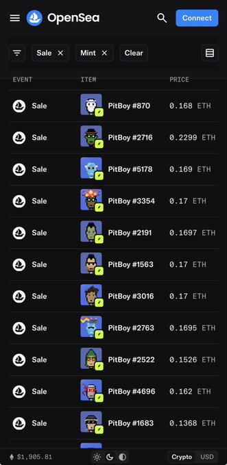 The image shows the OpenSea NFT marketplace displaying active sale listings for the "PitBoys" collection, with multiple items priced in ETH ranging from 0.1368 ETH (PitBoy #1683) to 0.2299 ETH (PitBoy #2716). The collection's total floor value is $1,905.81, supporting the post's recommendation to check out this NFT collection on Robinhood Chain via OpenSea.