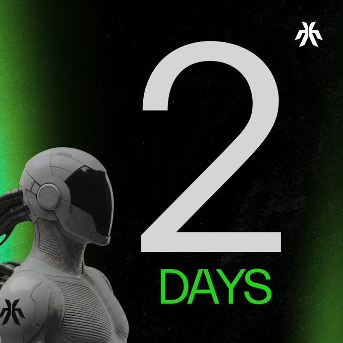 The image features a robot standing next to a green background with white text that reads "2 days until the @xmaquina $DEUS TGE goes live If you missed today's @HumanLayerMedia livestream we hosted, catch the replay below for a full breakdown on: → XMAQUINA’s vision → Robotics + embodied AI → The broader ecosystem thesis → What to know ahead of May".