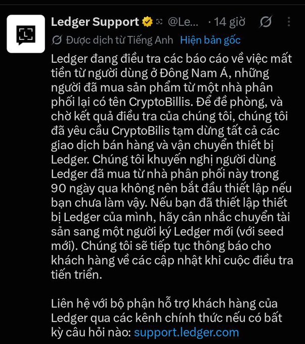 A Vietnamese-language announcement from Ledger Support (@Le...) about investigating reports of lost funds from users in Southeast Asia who purchased from a reseller named CryptoBillis.