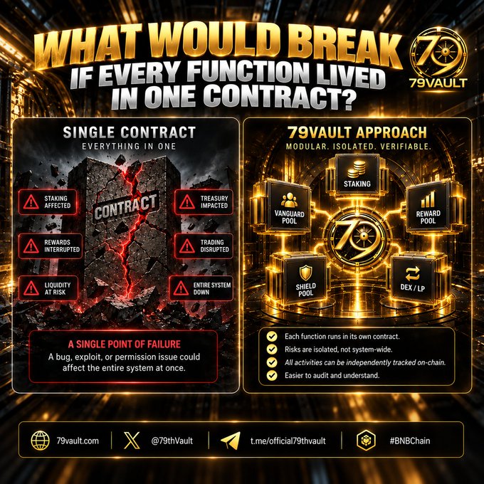 A promotional graphic for 79Vault contrasting a 'Single Contract' approach (shown as a crumbling pillar with risk warnings) versus a '79Vault Approach' (showing modular components like Staking, Rewards, DEX/LP, and Shield Pool).