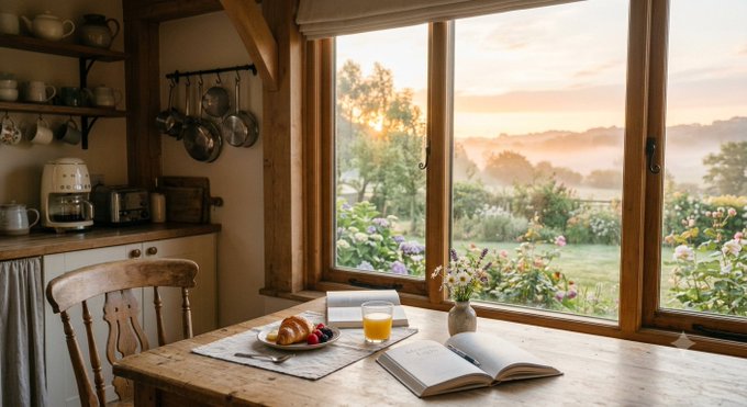A cozy rustic kitchen with a wooden table set with breakfast (croissant, berries, orange juice), an open book, and a vase of flowers, overlooking a misty garden and fields at sunrise through a large window.