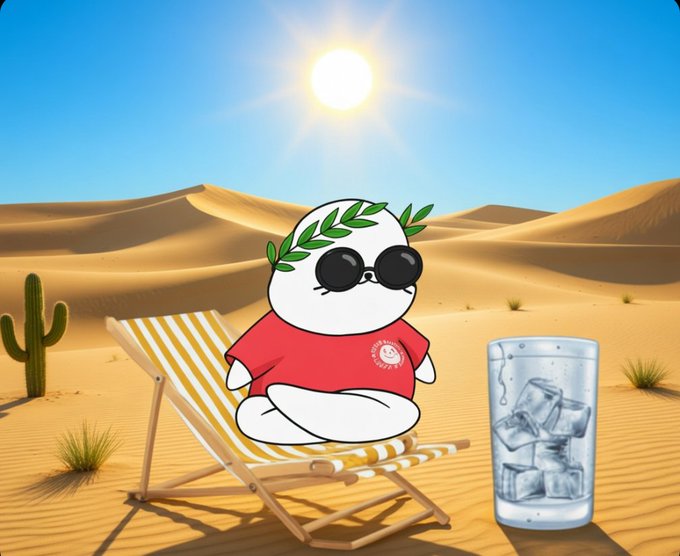 An illustrated cartoon character wearing sunglasses, a laurel wreath, and a red shirt sits on a striped beach chair in a desert, with a glass of iced drink beside it.