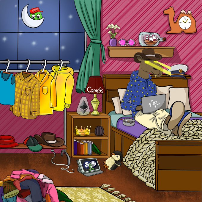 An illustration of a person in pajamas relaxing on a bed using a laptop displaying an A+ grade, in a colorful bedroom with Camels merchandise.