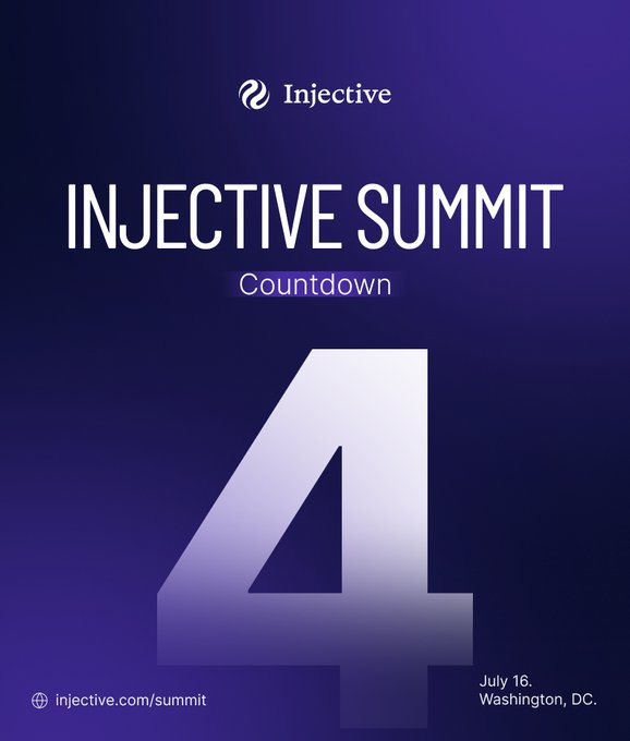 An Injective Summit countdown poster showing the number '4' against a purple gradient background, with the event taking place on July 16 in Washington, DC (injective.com/summit).