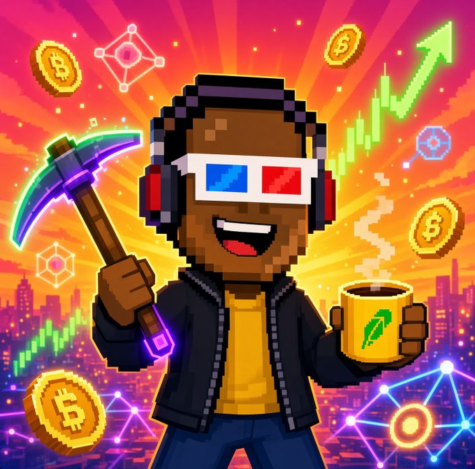 A vibrant pixel-art illustration of a smiling character with 3D glasses and headphones holding a rainbow pickaxe and a steaming coffee mug, surrounded by floating Bitcoin coins and an upward green trend arrow.