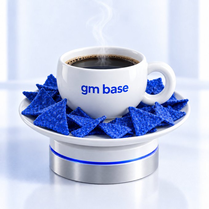 A steaming cup of coffee labeled "gm base" rests on a saucer filled with blue tortilla chips, playfully accompanying the post's "gm" greeting with a literal "good morning" breakfast setup.