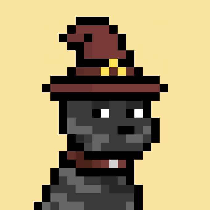 A simple pixel art sprite of a dark gray figure with glowing white eyes wearing a red hat and red scarf against a pale yellow background.