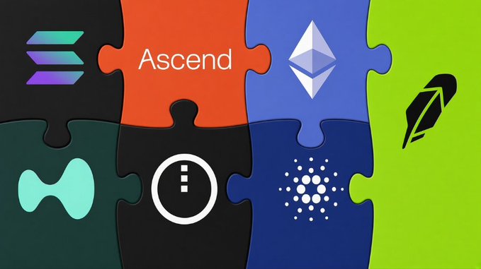 A colorful puzzle piece graphic featuring logos of various blockchain and crypto projects, with one red piece labeled 'Ascend' prominently displayed alongside Ethereum, Sushi, and other crypto icons.