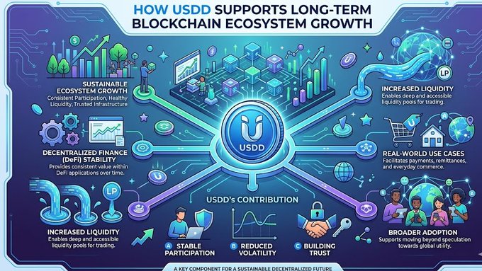 The image features a digital poster highlighting the benefits of using USDC (Uniswap) tokens for long-term blockchain ecosystem growth. It emphasizes the importance of sustainable participation, healthy liquidity, and financial infrastructure within the decentralized finance space. The poster showcases a series of icons representing different aspects of the USDC token and its potential impact on users' lives.