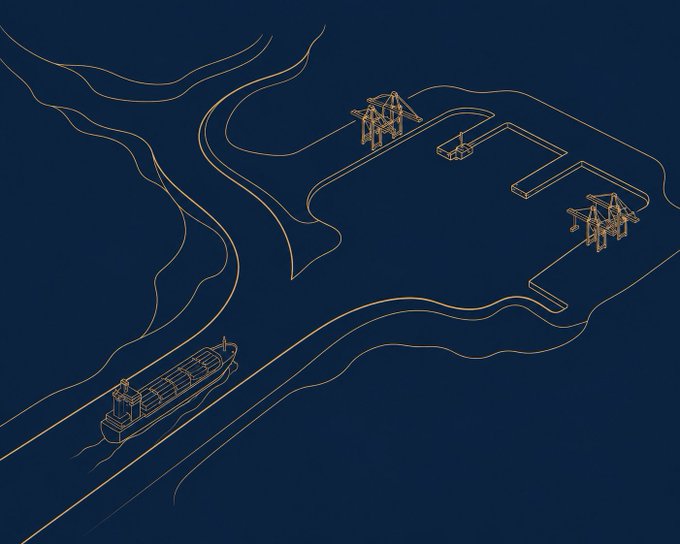 A stylized illustration on a dark blue background featuring gold line-art depicting a ship, port cranes, and shipping routes.