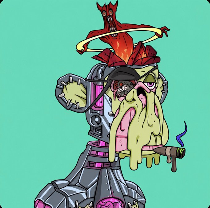 A cartoon illustration of a grotesque, monstrous character with melting yellow skin, exposed mechanical parts, a tattered hat, smoking cigar, and a red demonic figure emerging from its head against a teal background.