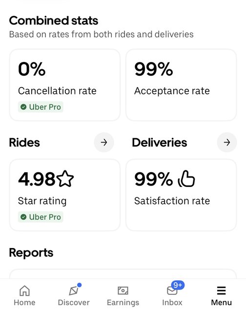A mobile app screenshot showing combined stats with a 0% cancellation rate, 99% acceptance rate, 4.98 star rating, and 99% satisfaction rate, marked as Uber Pro.